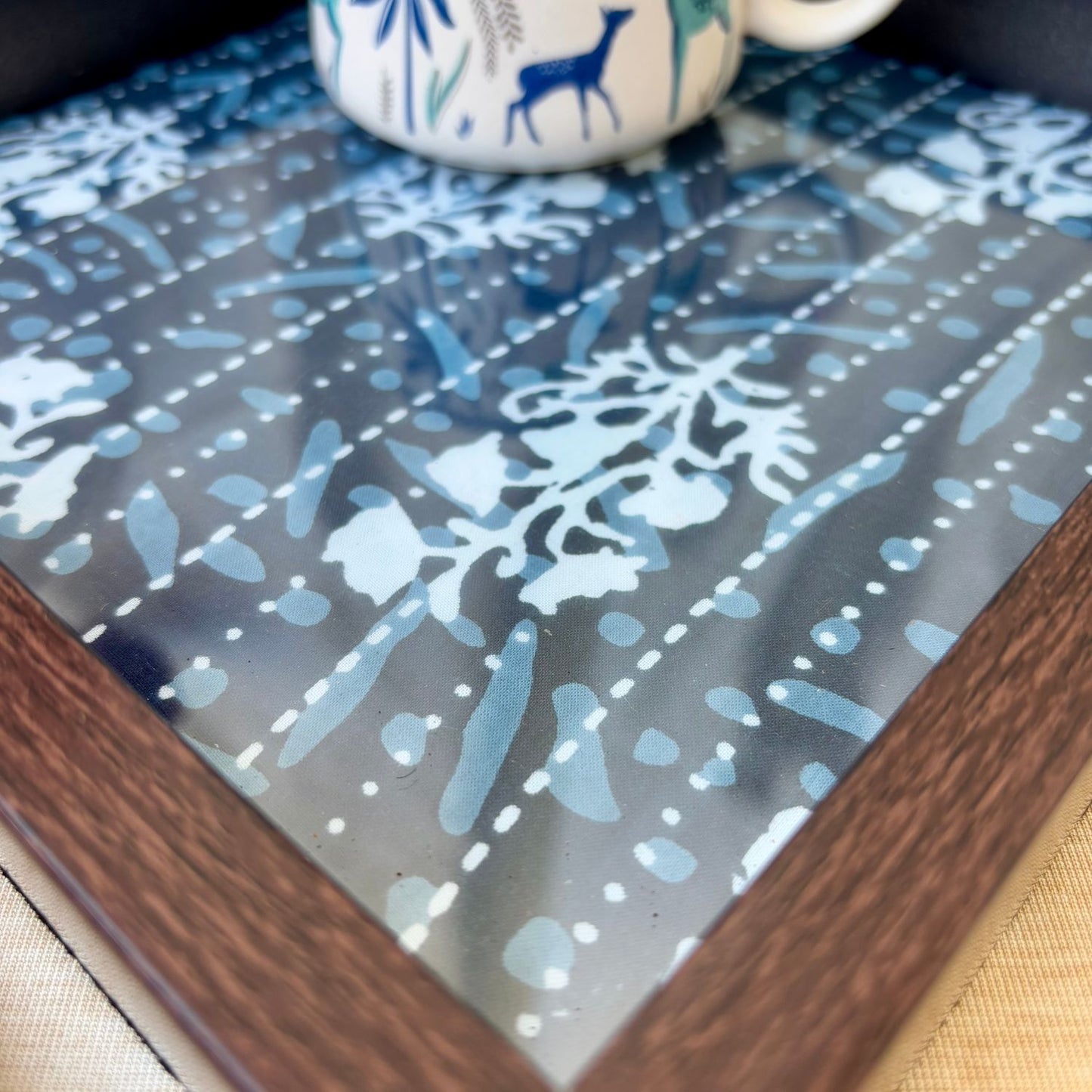 Handcrafted indigo print tray with intricate stitch design, perfect for serving, home décor, and gifting.