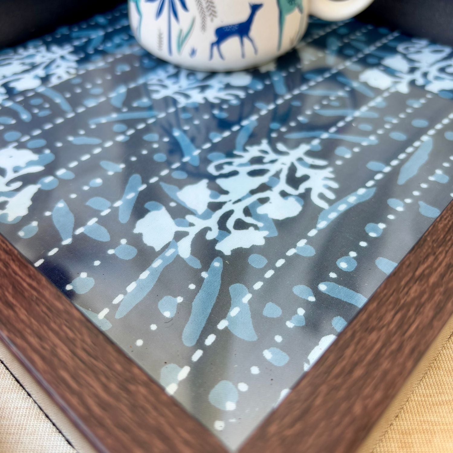 Handcrafted indigo print tray with intricate stitch design, perfect for serving, home décor, and gifting.