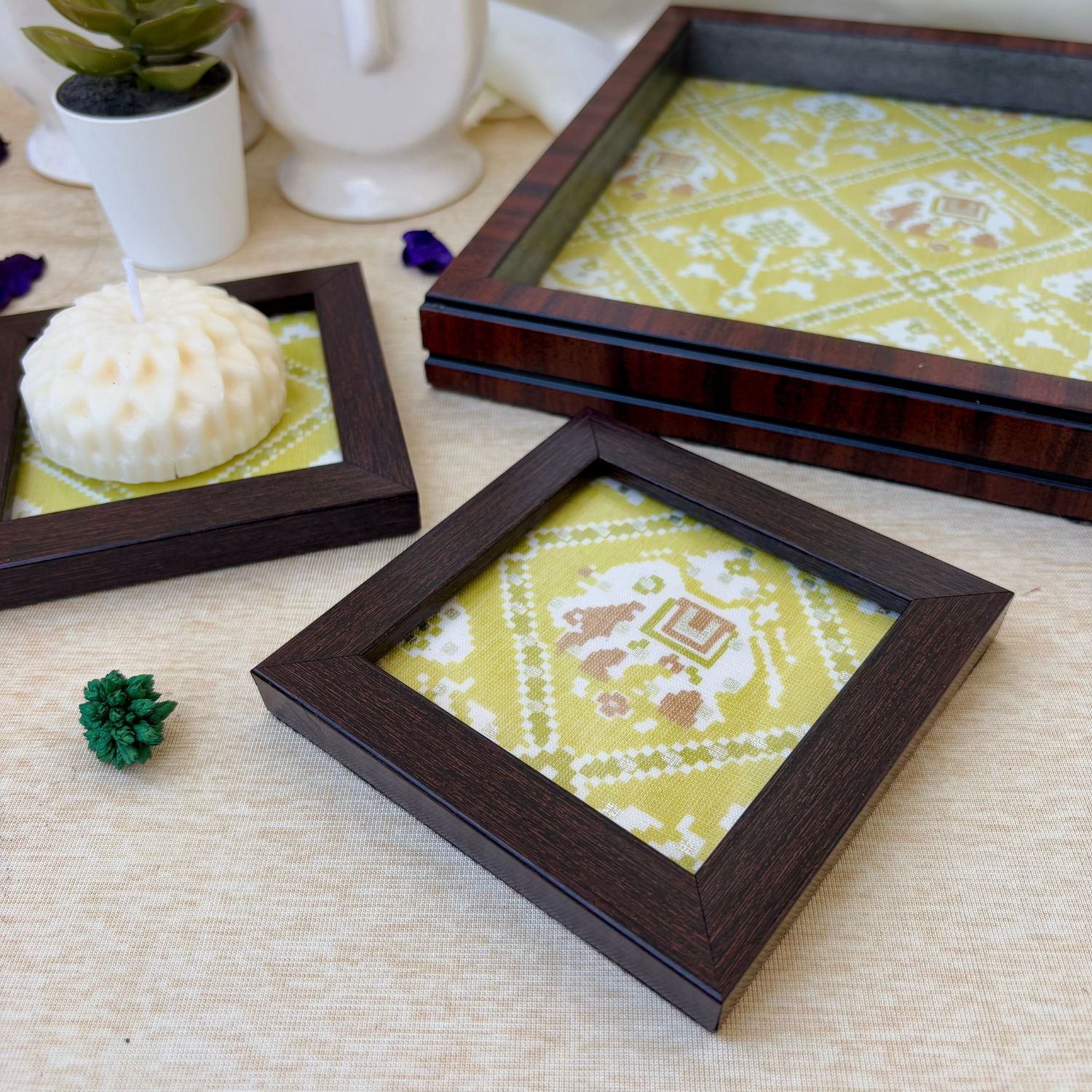 Bespoke Lime Green Patola tray and coasters, designed for luxury gifting and elegant home accents.