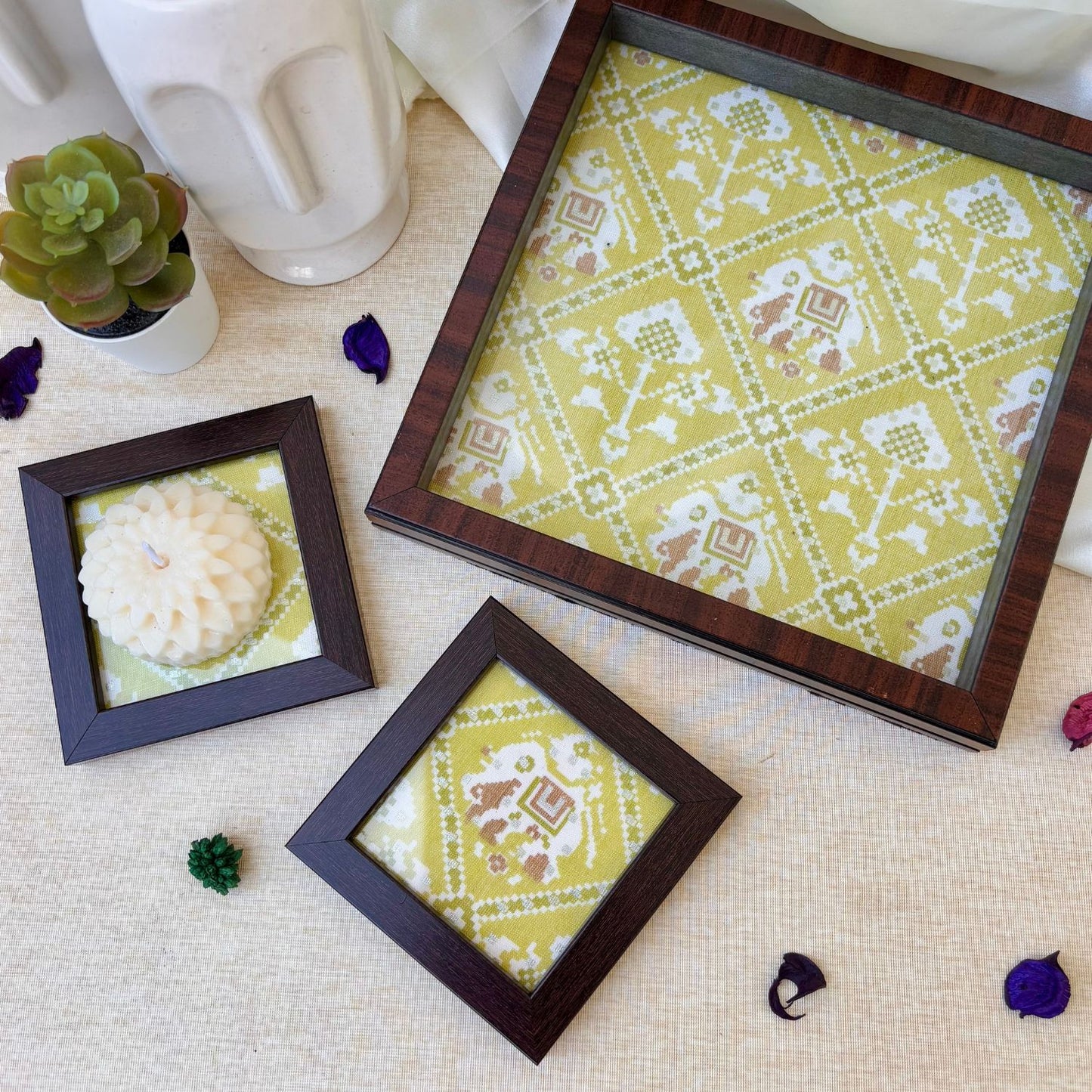 Elegant Lime Green Patola tray and coaster set, perfect for luxury gifting and enhancing refined interiors