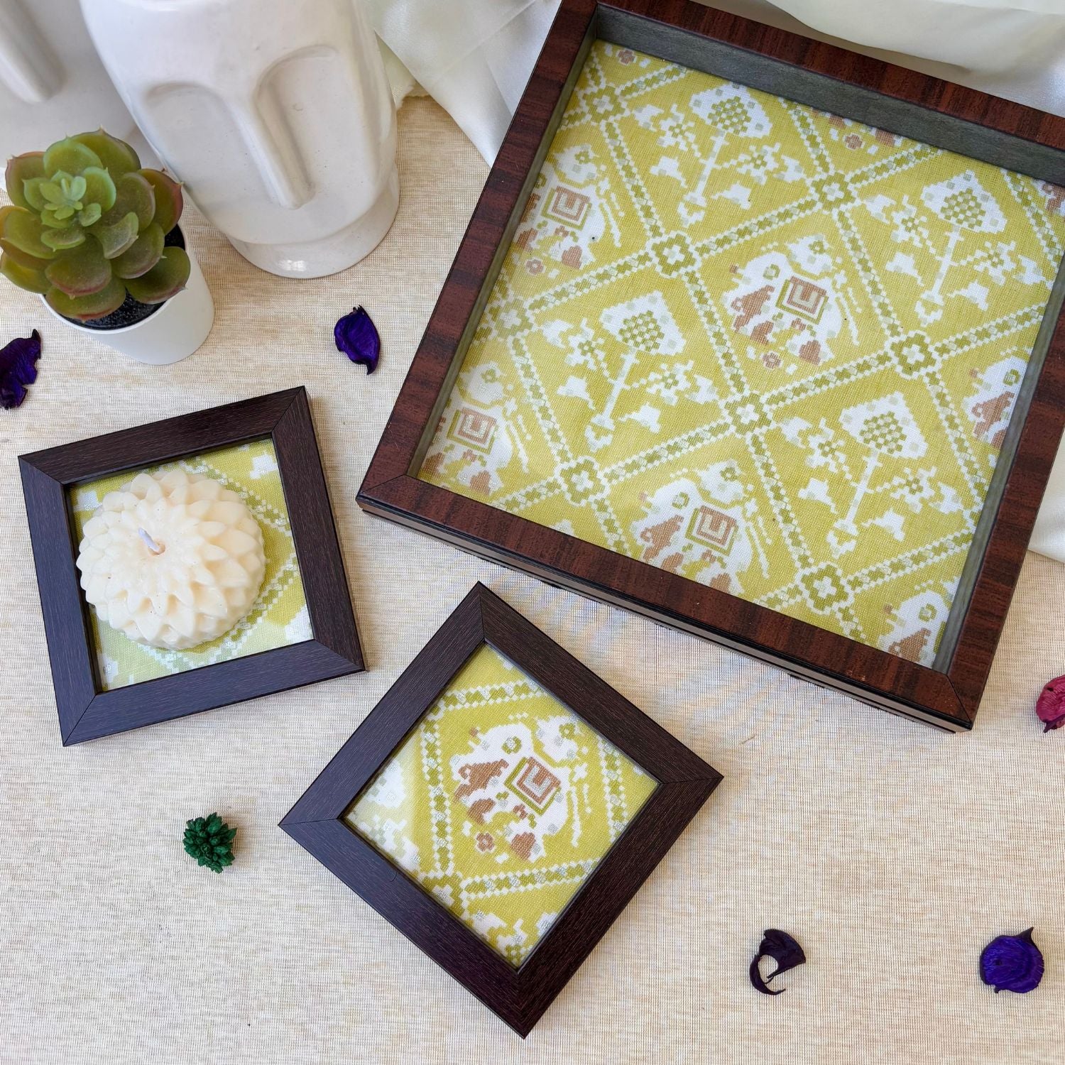 Elegant Lime Green Patola tray and coaster set, perfect for luxury gifting and enhancing refined interiors