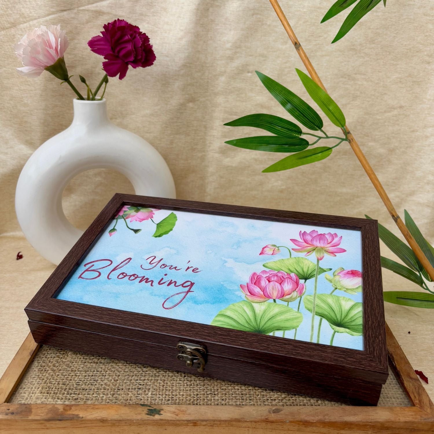 Elegant jewellery box with intricate lotus pattern, perfect for personalized décor