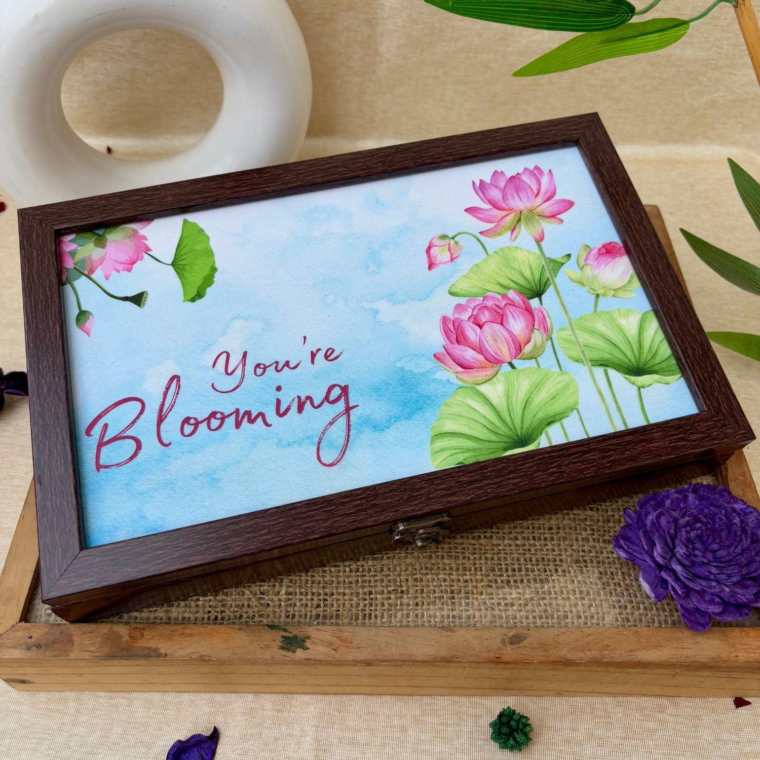 Elegant jewellery box with lotus motif, perfect for artistic gifting and organizing your vanity