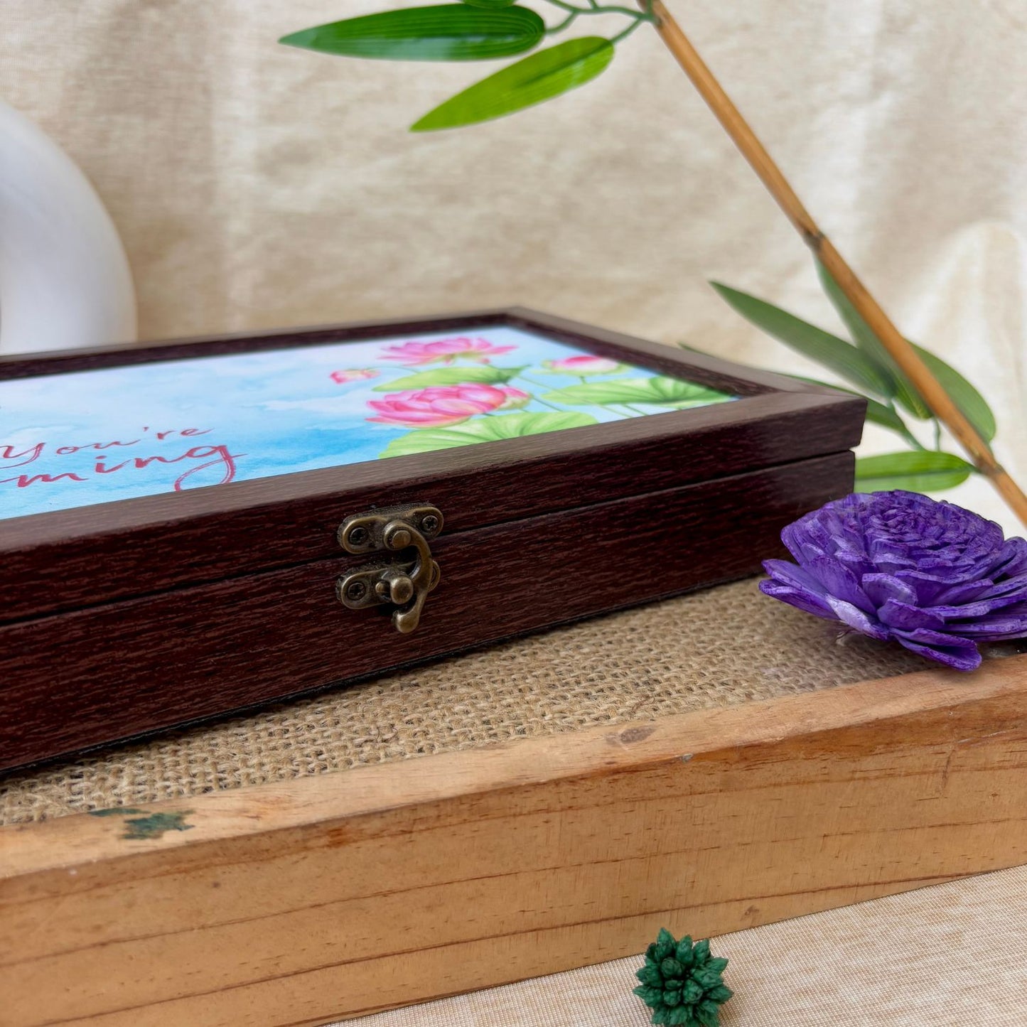 Handcrafted lotus blooming box, ideal for vanity organization and adding a touch of artistry to your space