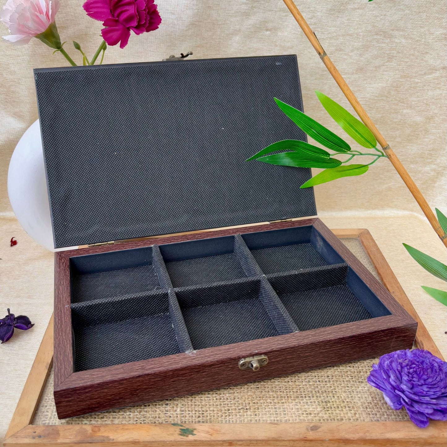 6-compartment jewelry box with artistic lotus design, perfect for organized storage and gifting