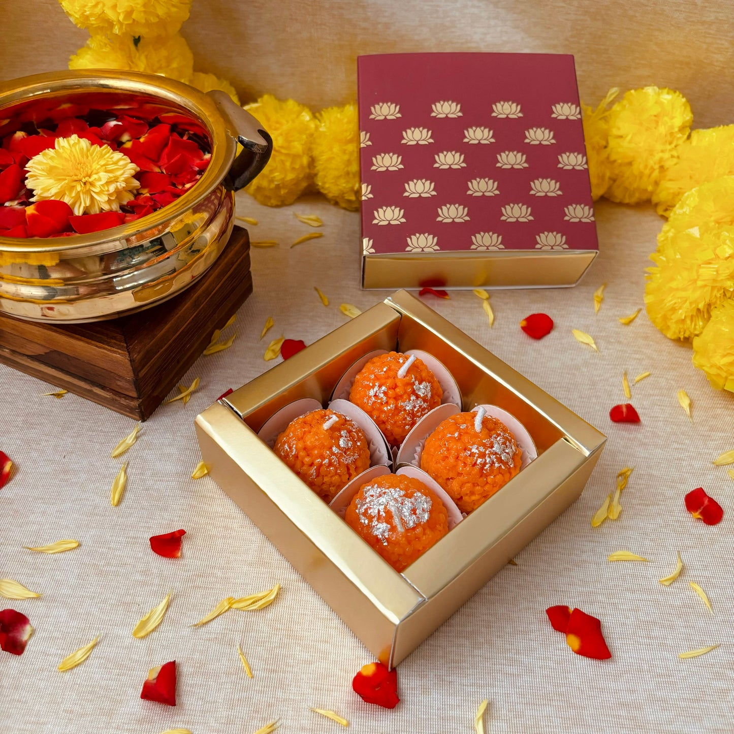 Mithaas Premium Motichoor Ladoo Candle Set of 4 | Decorative Candles | 100% Soy Wax | Perfect Diwali Gift Pack