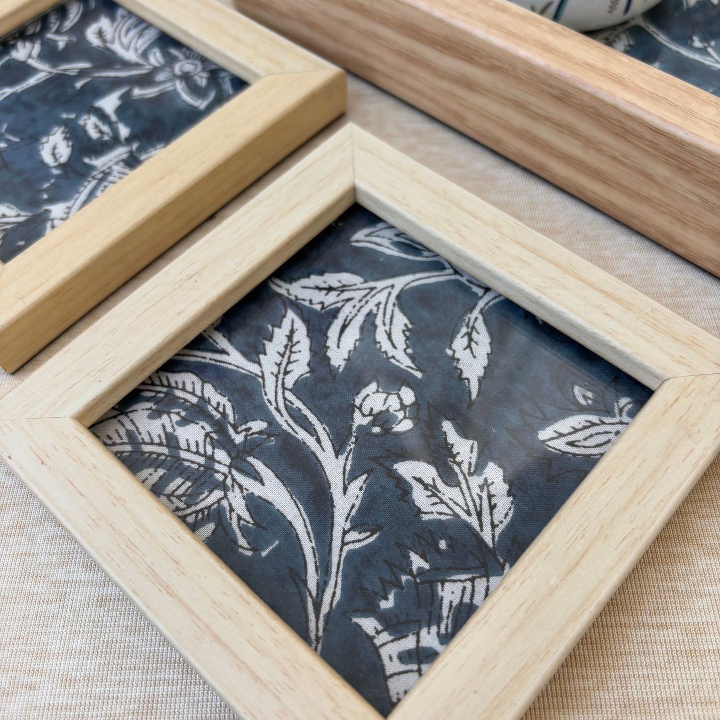 Elegant indigo print coasters, ideal for luxury dining and adding a refined touch to your interiors