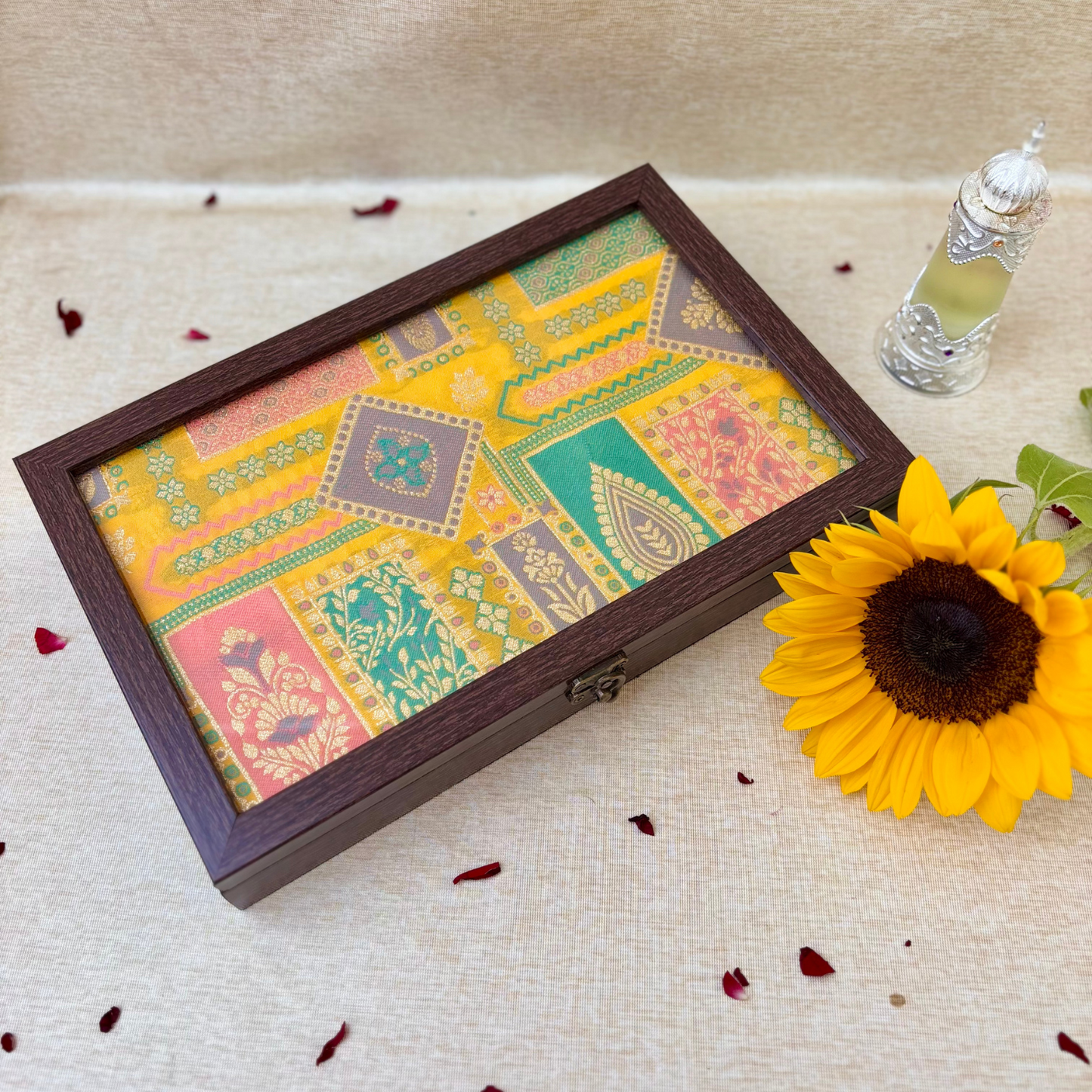 Yellow Patchwork Jewellery Box with intricate ethnic design for elegant jewellery storage