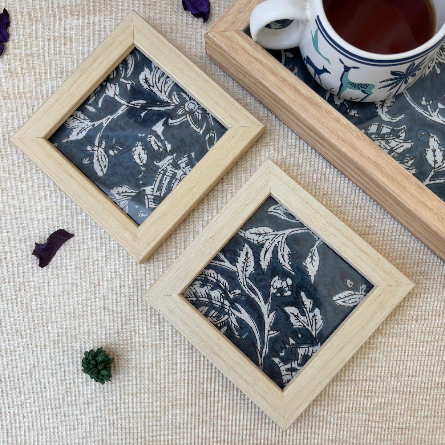 Bespoke indigo print coasters, designed to add sophistication and chic elegance to your home décor