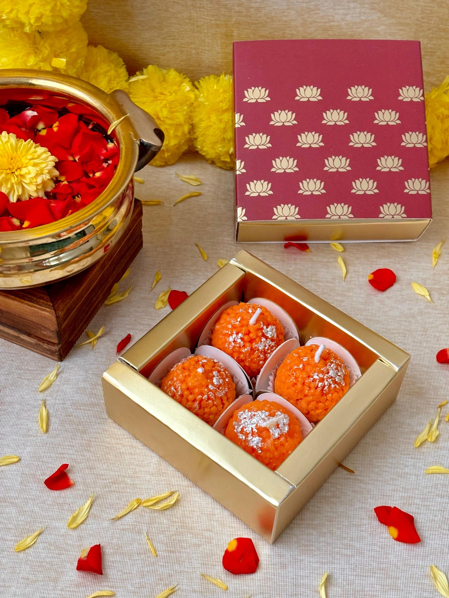 Mithaas Premium Motichoor Ladoo Candle Set of 4 | Decorative Candles | 100% Soy Wax | Perfect Diwali Gift Pack