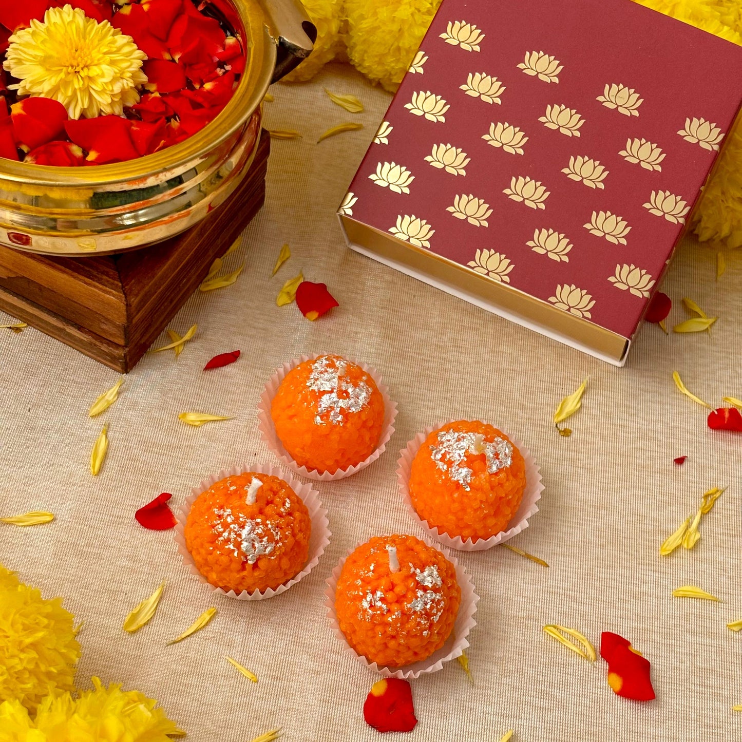 Mithaas Premium Motichoor Ladoo Candle Set of 4 | Decorative Candles | 100% Soy Wax | Perfect Diwali Gift Pack