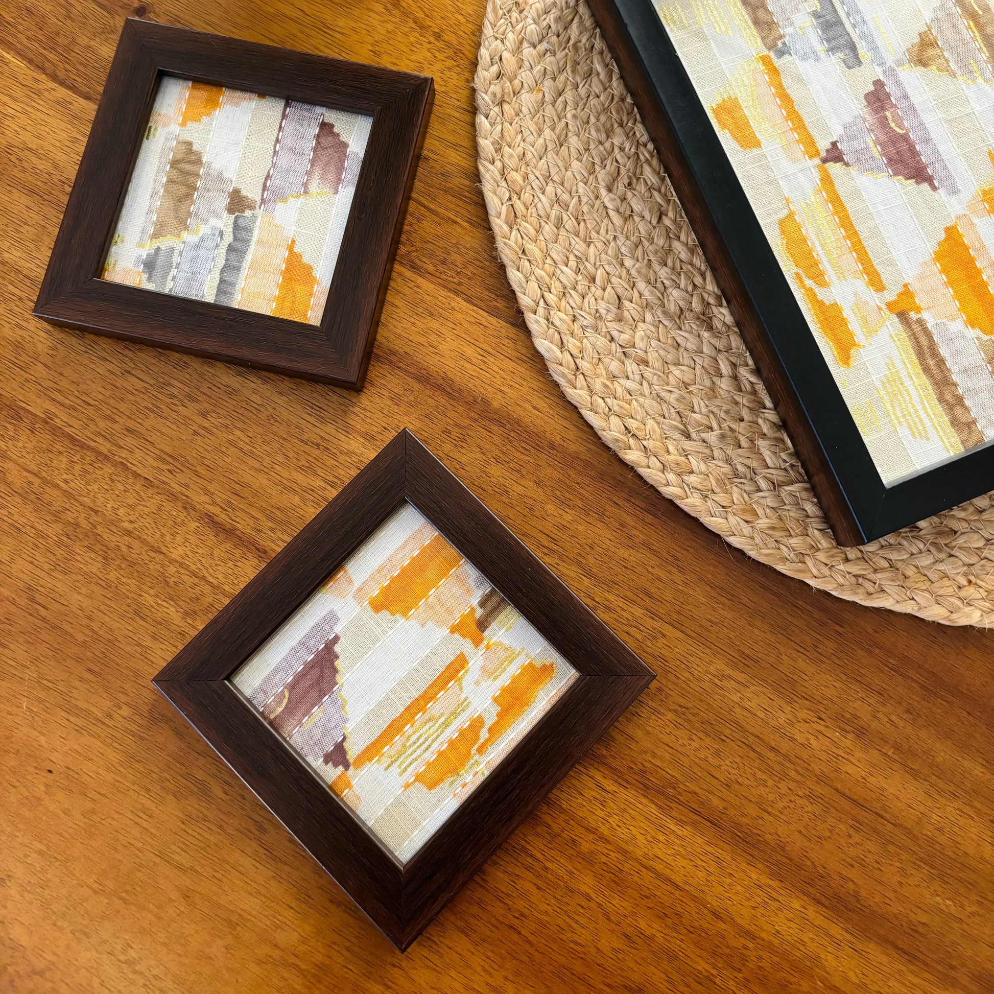 Set of Trikon yellow coasters with contemporary triangle motifs. Ideal Gift Choice: Trikon Collection in Nashik, Pune, Mumbai, Bangalore