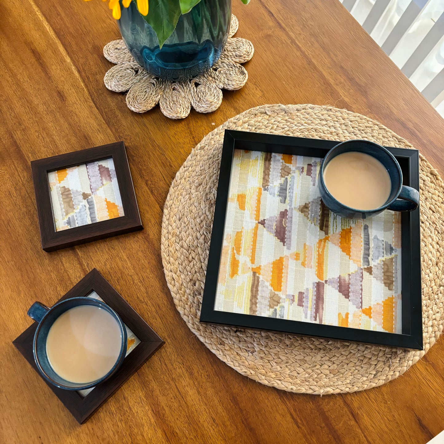 Yellow Trikon Square Tray and Coaster Set