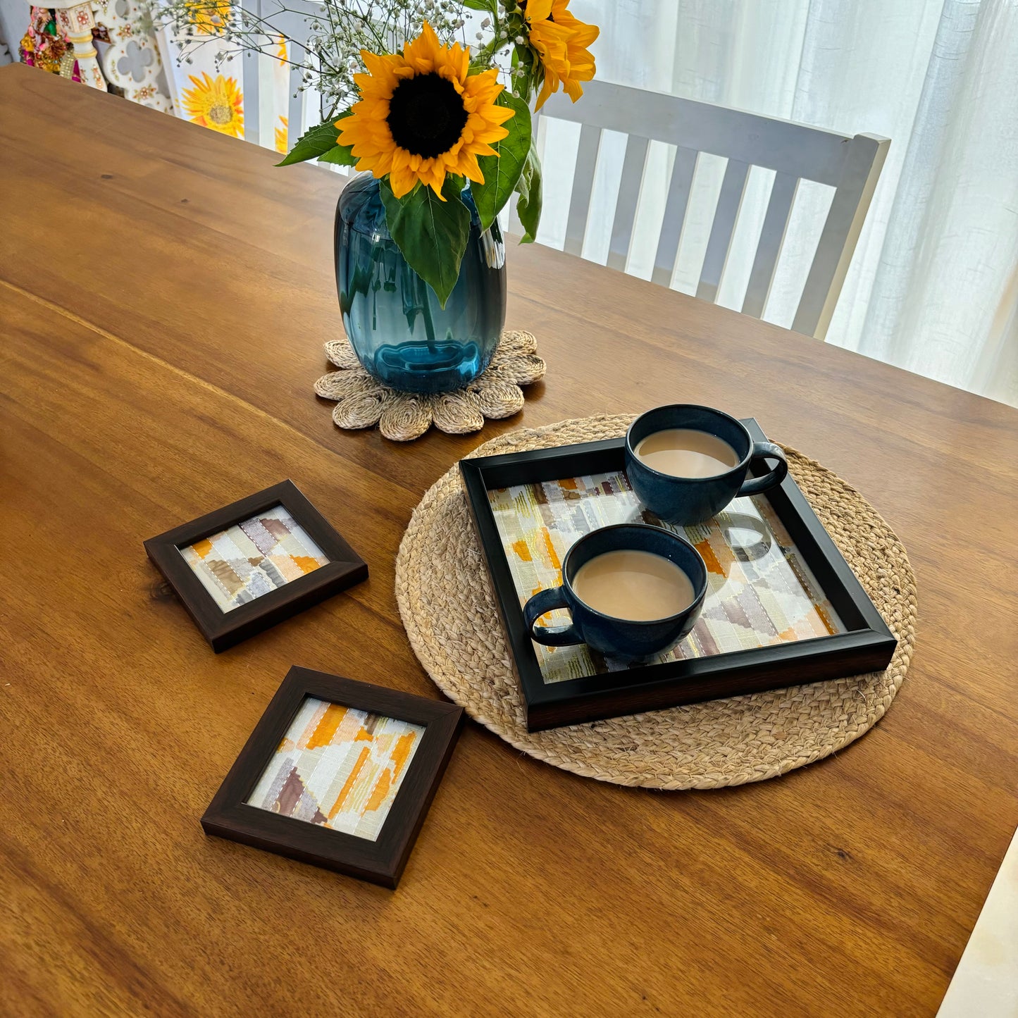 Yellow Trikon Square Tray and Coaster Set