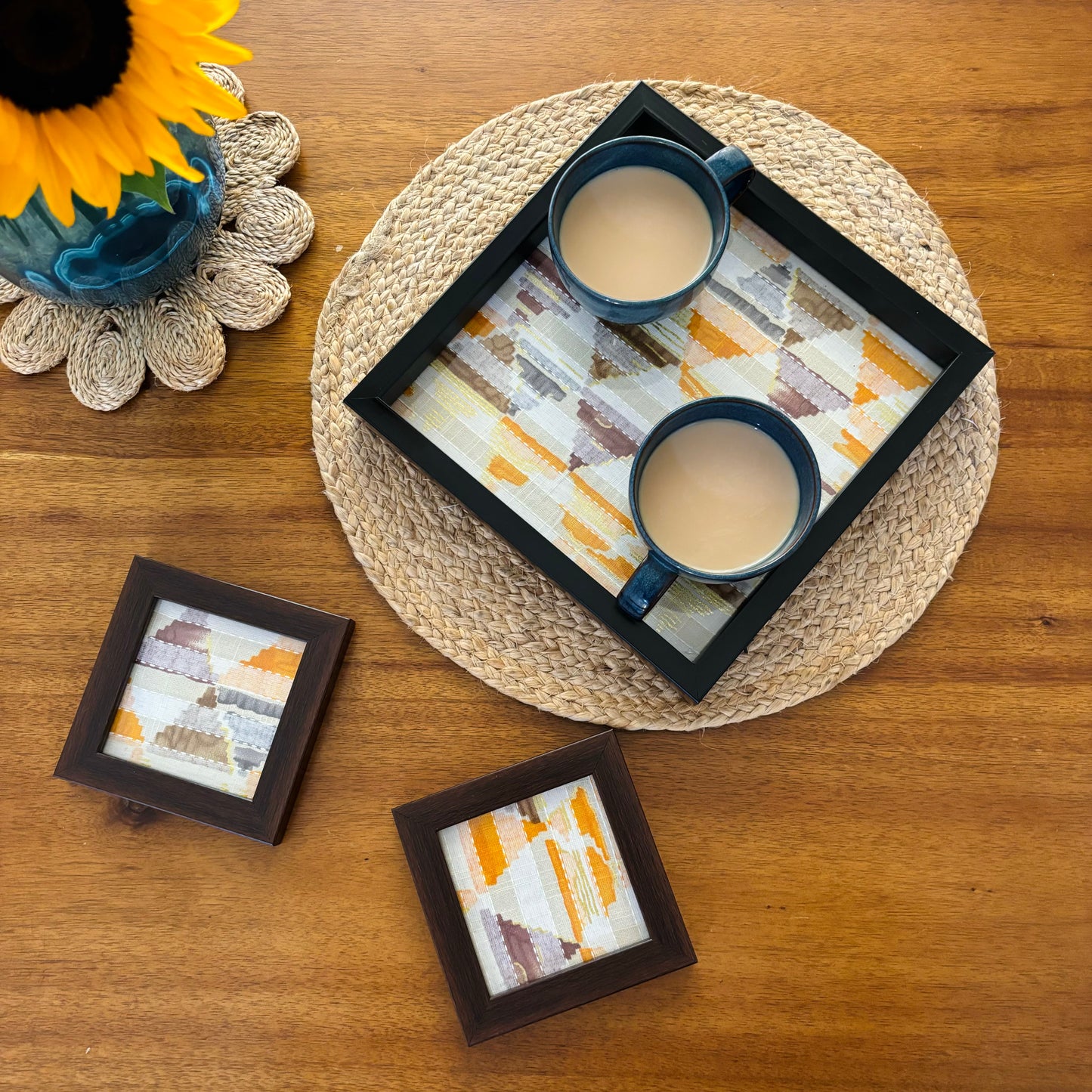 Yellow Trikon Square Tray and Coaster Set