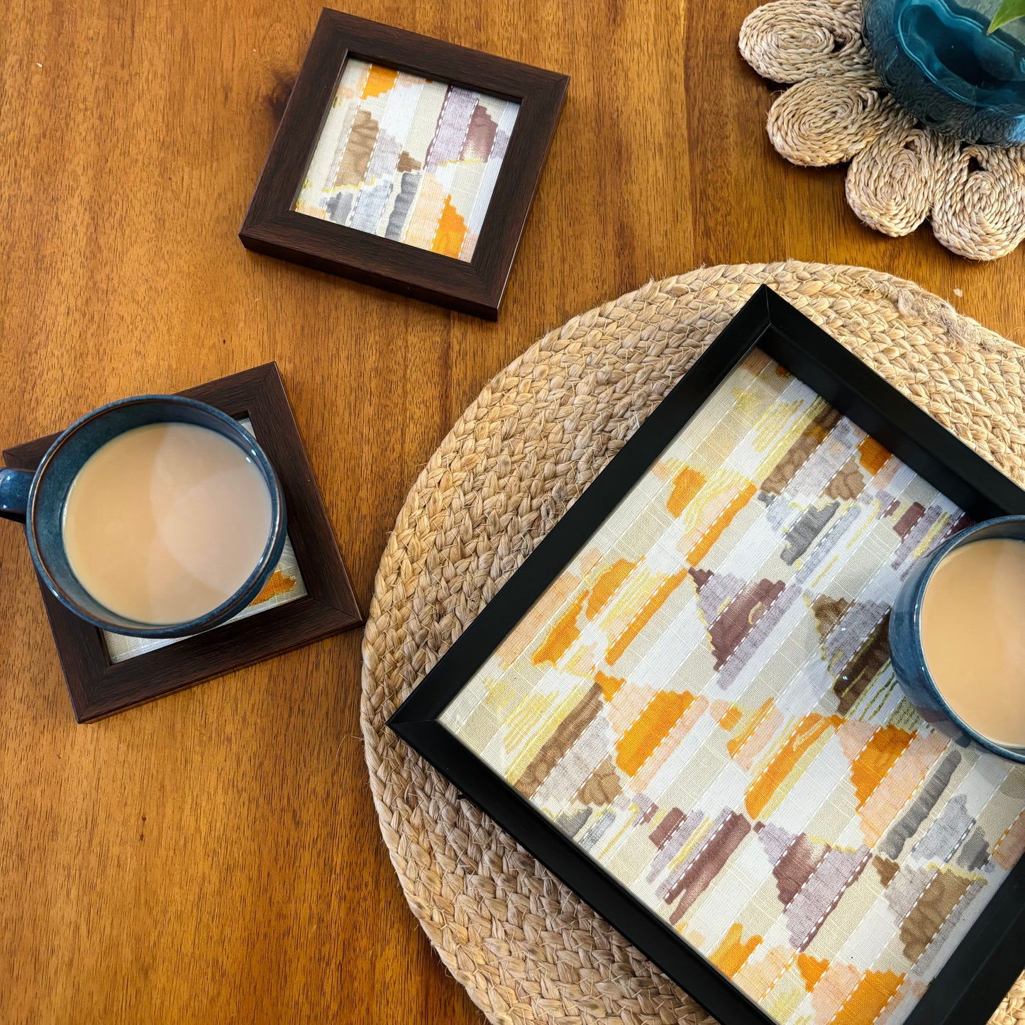 Yellow Trikon Square Tray and Coaster Set