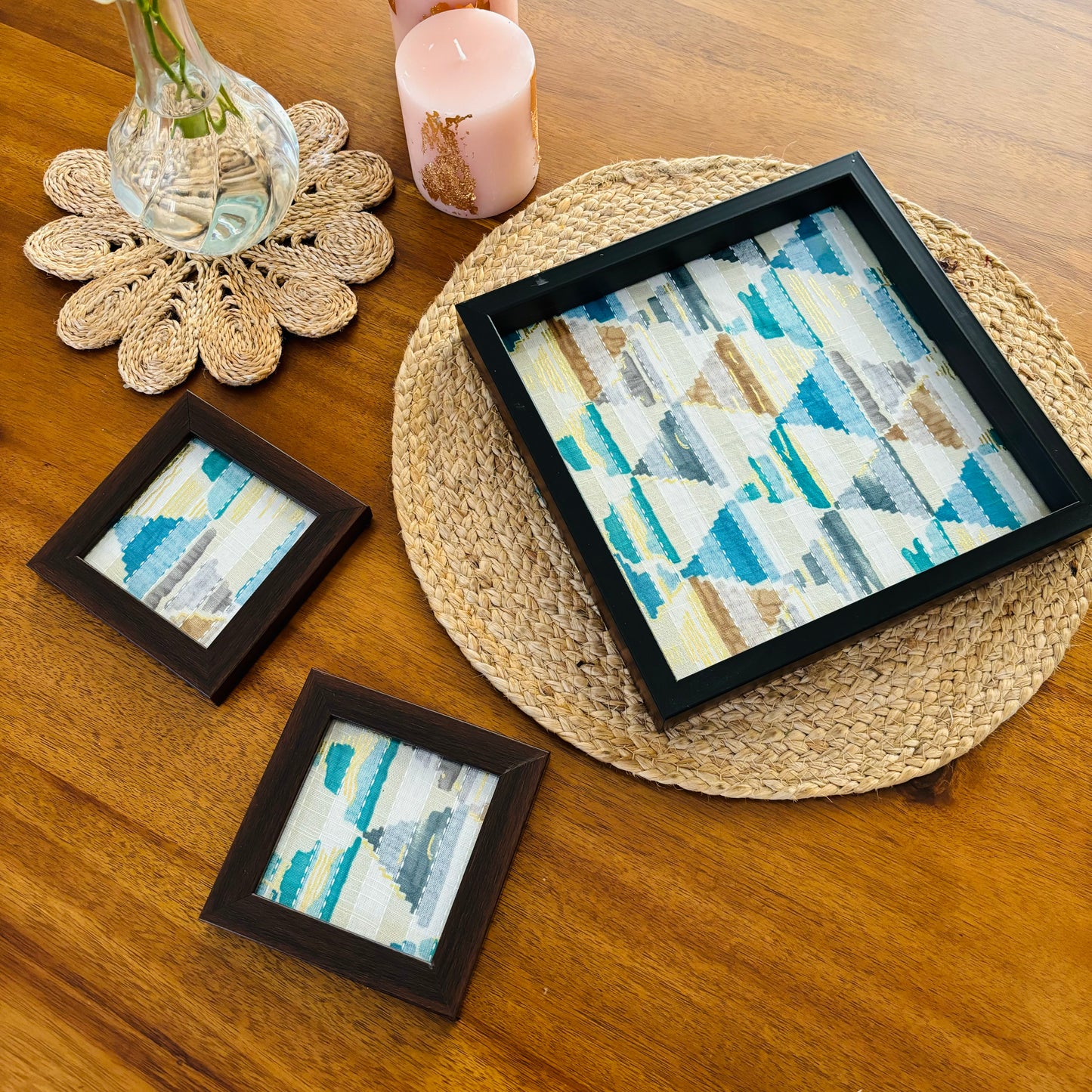 Blue Trikon Square Tray and Coaster Set