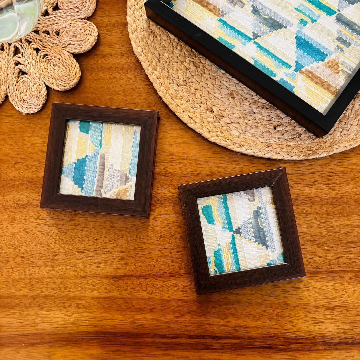 Set of traditional Indian fabric coasters. Artisan-made coasters with geometric ethnic designs, ideal for gifts