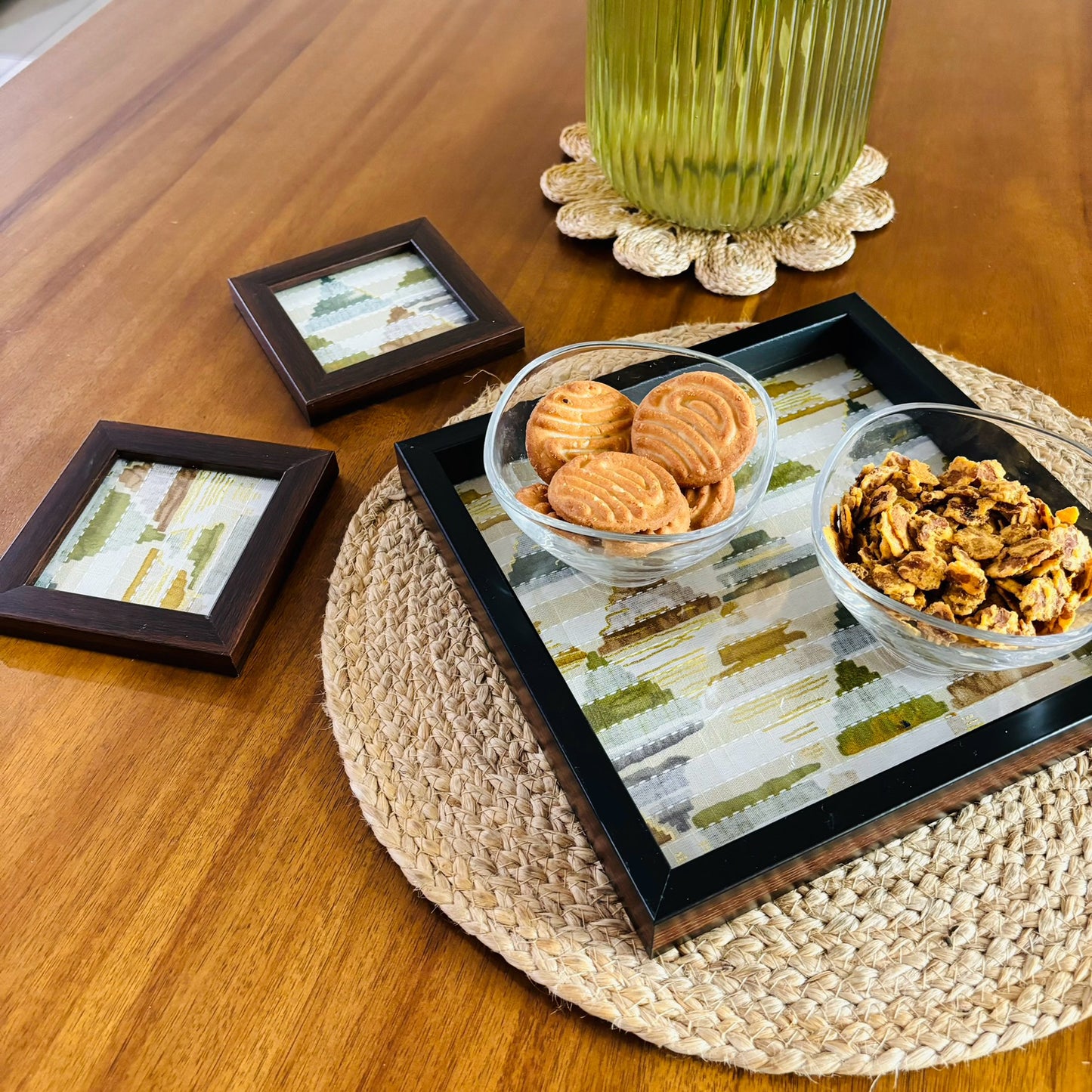 Green Trikon Square Tray and Coaster Set