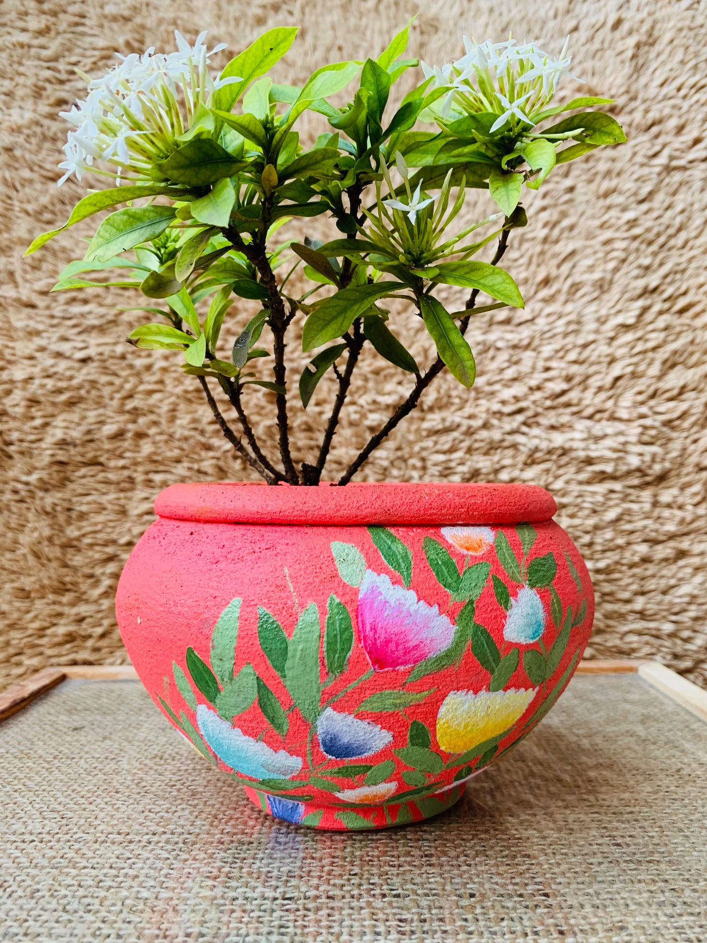 Coral Planter with Floral Streak