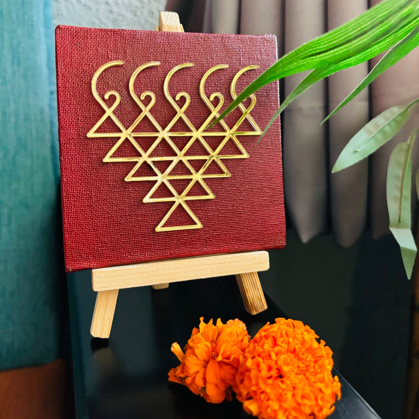 Elegant Saraswati Yantra Art on Canvas – Spiritual Home Décor in Peacock Blue & Maroon