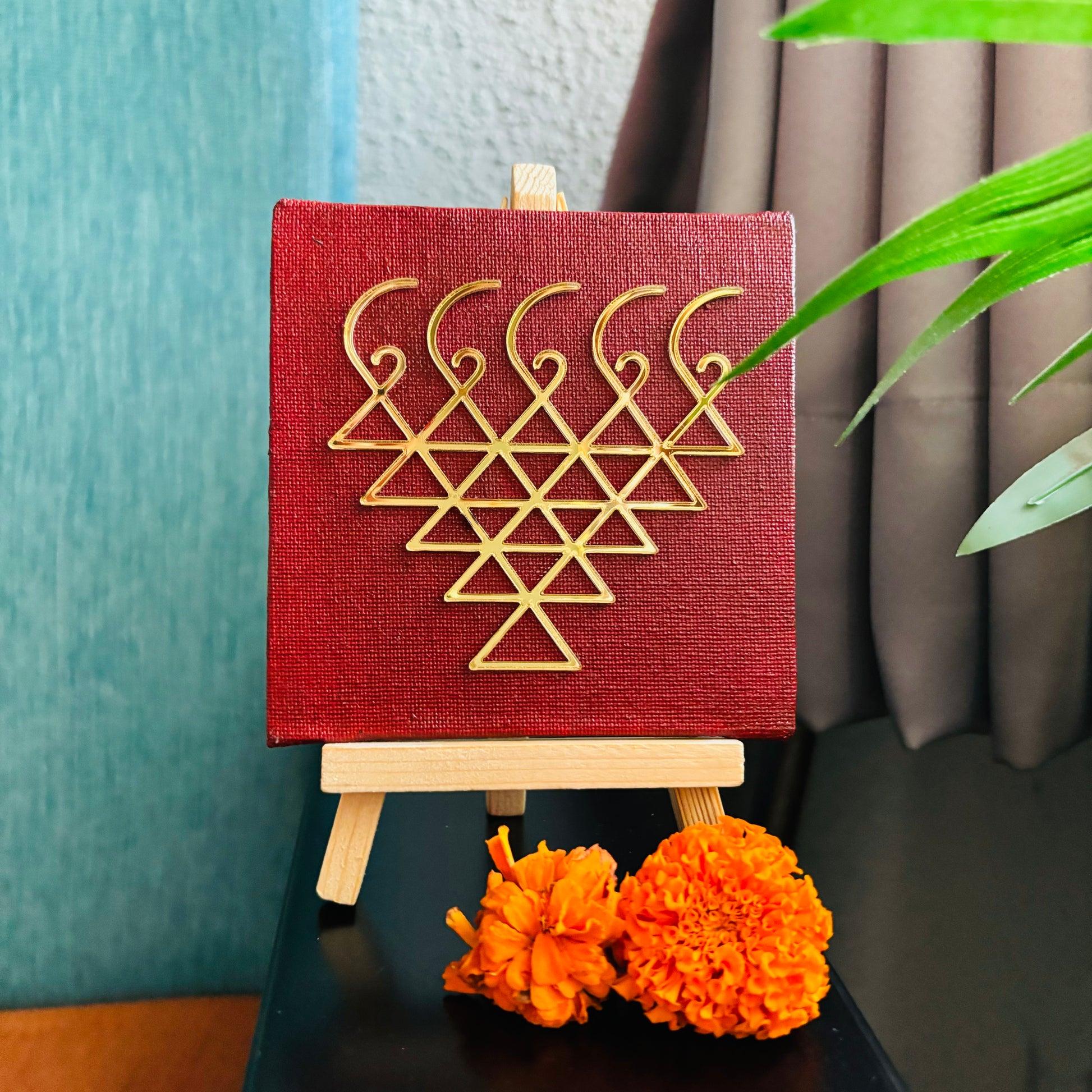 Saraswati Yantra Canvas with Easel – Peacock Blue | Spiritual Desk Décor & Study Table Accessory