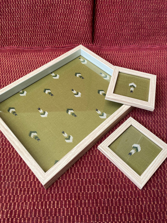 Olive Green Ikat Tray and Coaster Set