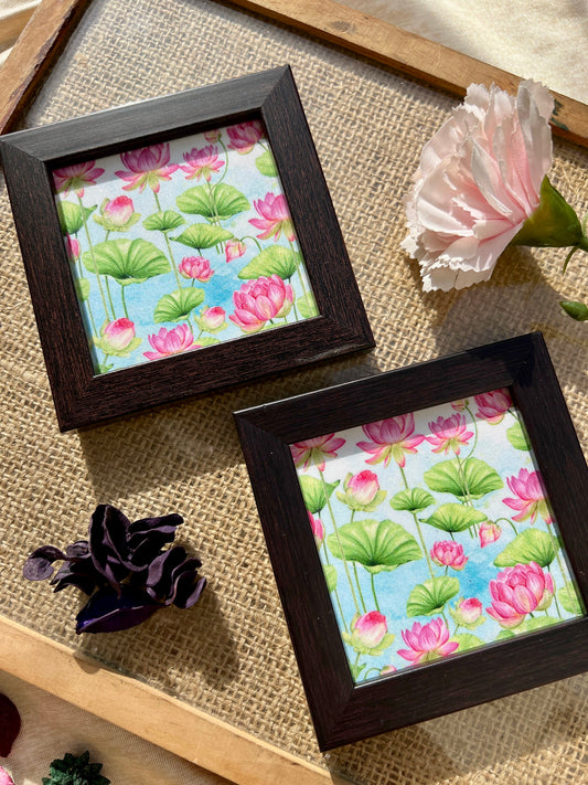 Lake of Blooms coaster with pastel lotus design, ideal for stylish tabletops.
Handcrafted and stain-proof coaster with lotus print – adds elegance to any setting