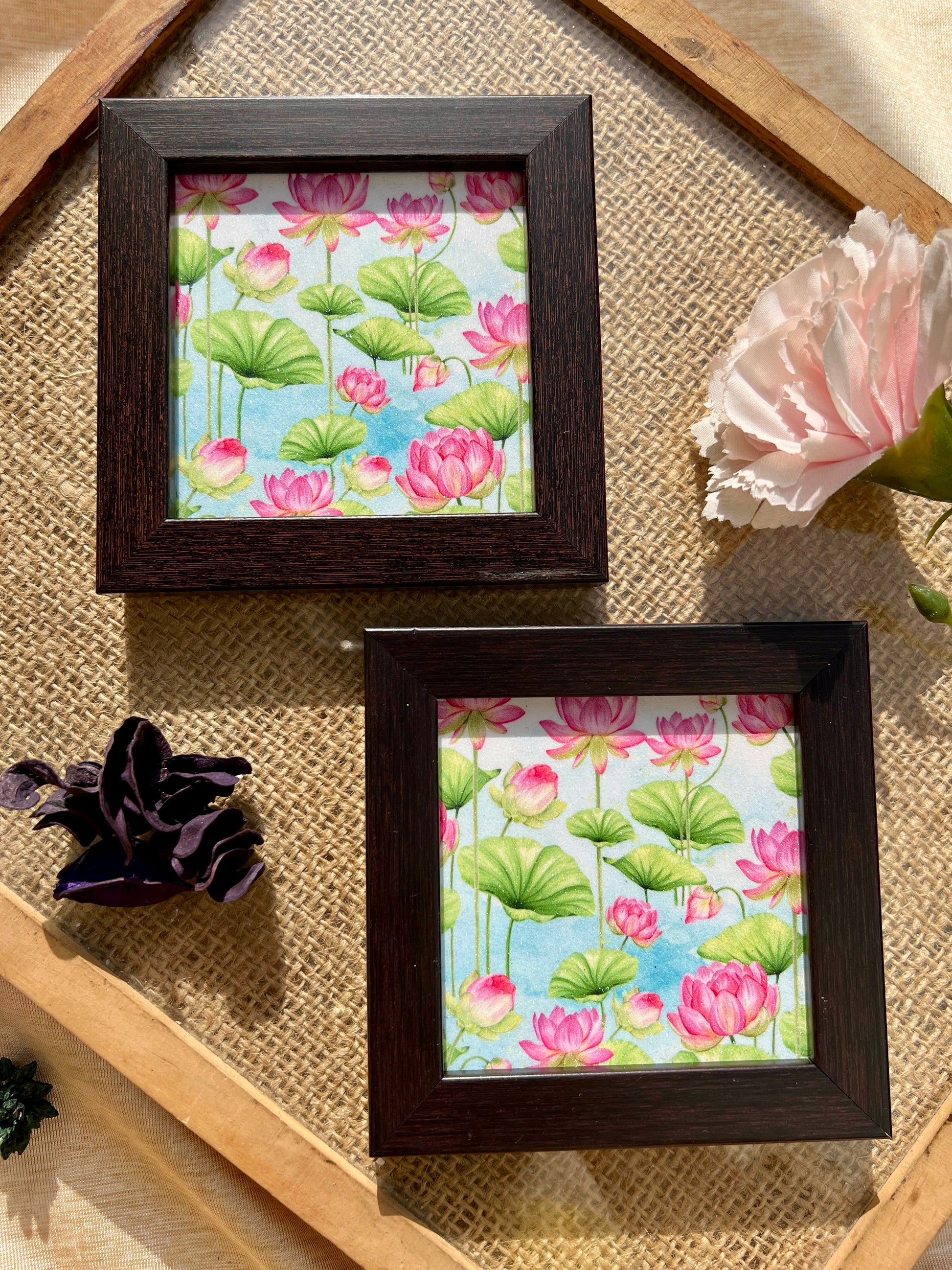 Luxury lotus coaster with pink blooms and blue base, perfect for elegant home décor.
Sparkle-coated floral coaster inspired by serene lotus lakes – great for gifting.