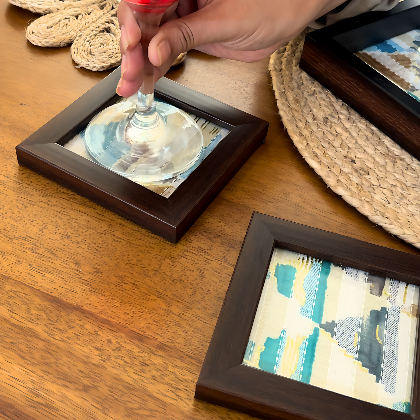 Elegant blue coasters with a modern design. Set of handmade ethnic coasters with vibrant designs