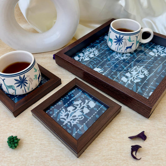 Exclusive indigo print tray and coaster set, blending modern elegance with traditional artistry, ideal for high-end gifting