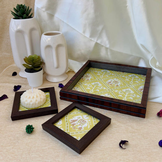 Exclusive Lime Green Patola tray and coaster set, handcrafted for luxury dining and refined home décor