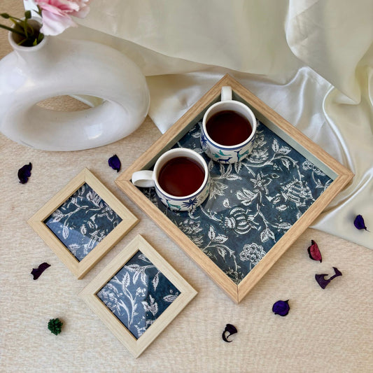 Luxurious handcrafted indigo floral serving tray, designed for elegant entertaining and bespoke home décor