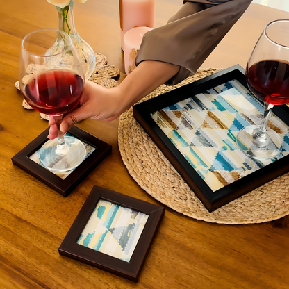 Blue Trikon Square Tray and Coaster Set