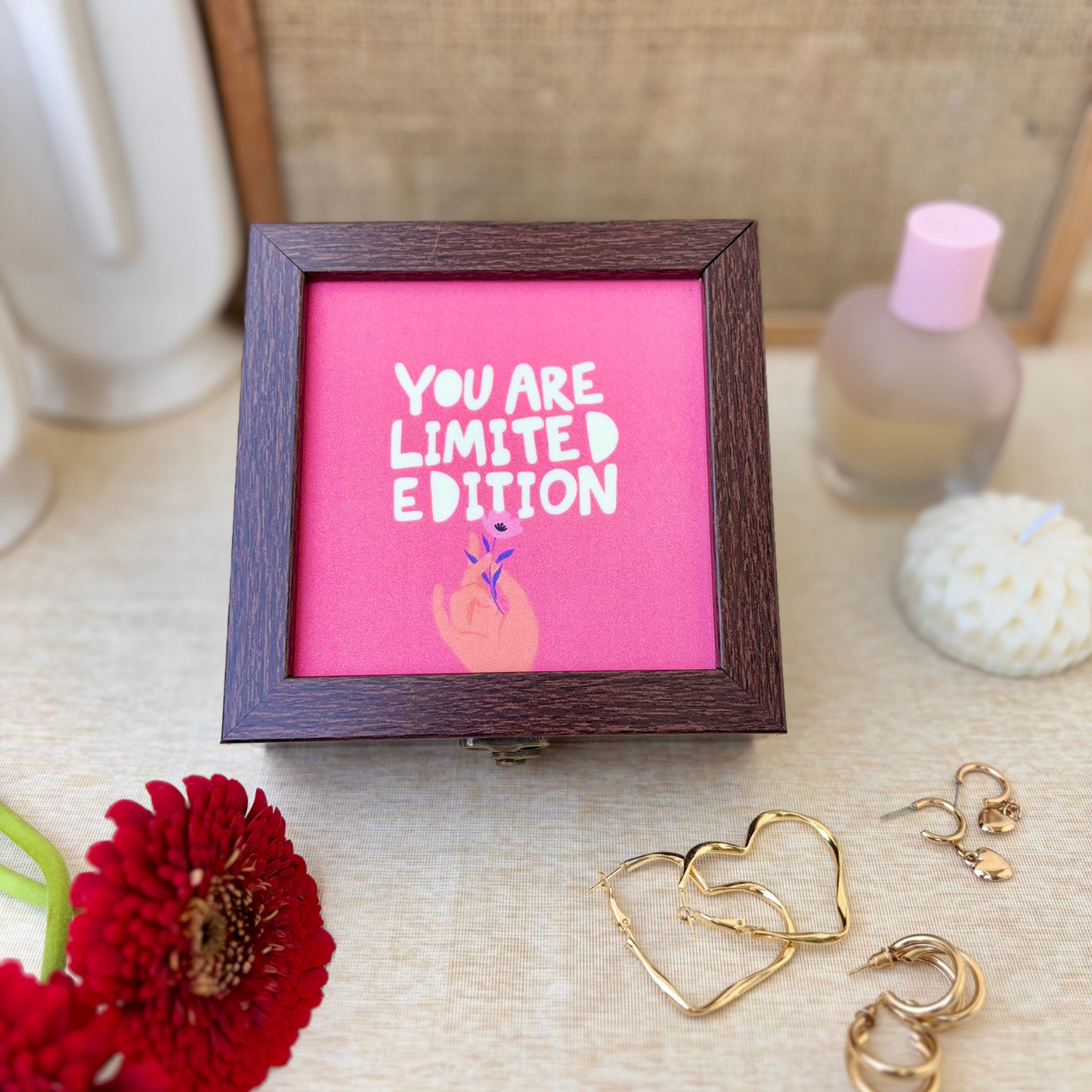 Stylish pink jewelry box with 'You're Limited Edition' message, ideal for vanity, organization, and home decor