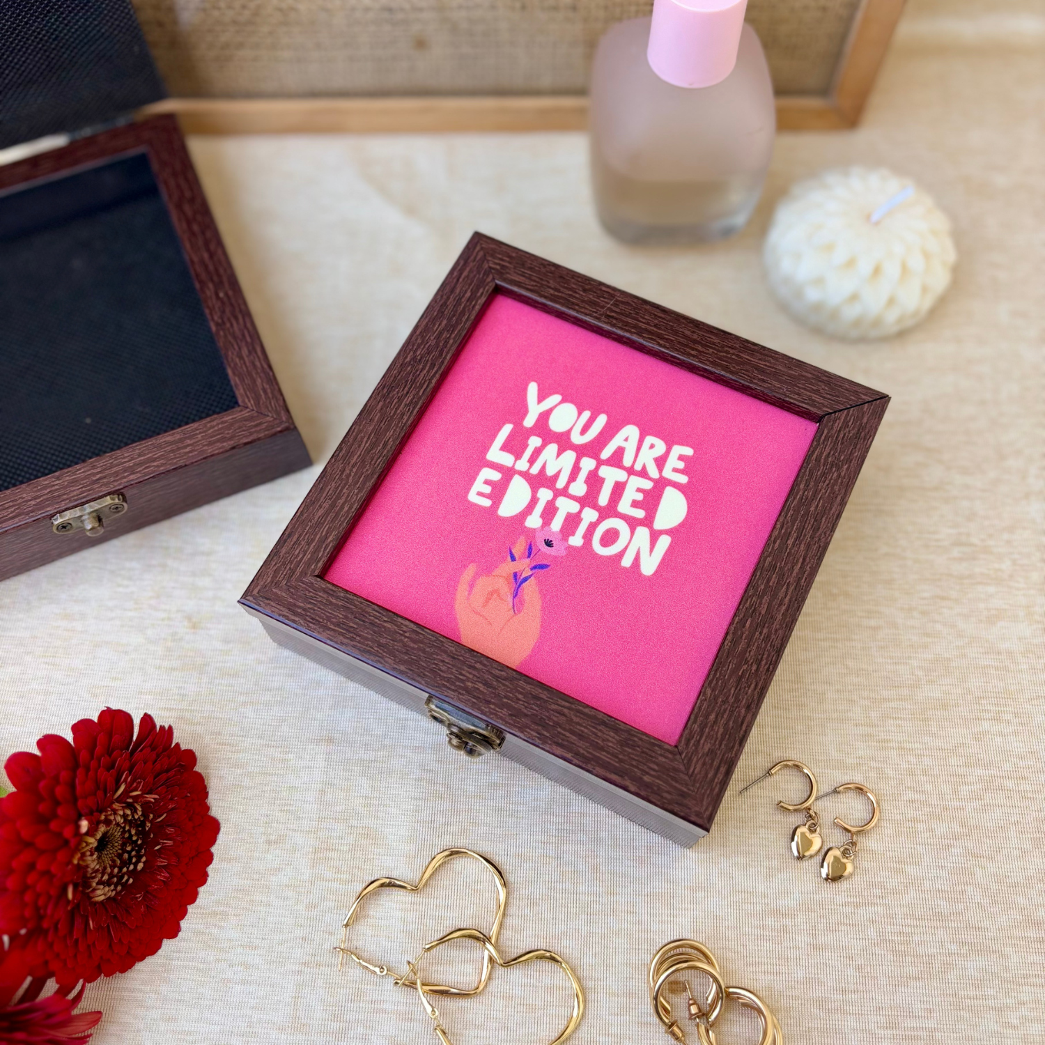 Elegant pink jewelry organizer with motivational quote, great for vanity, home decor, and gifting