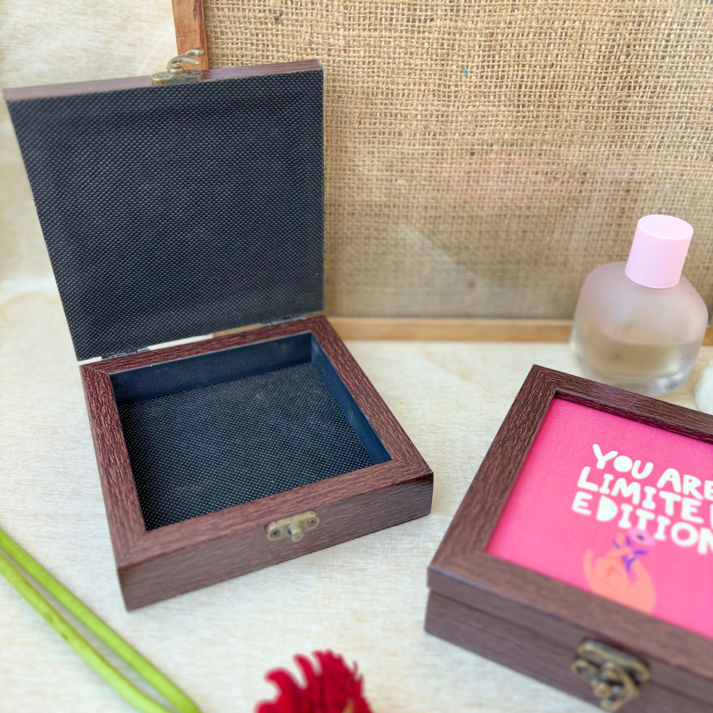 Chic pink jewelry box with inspiring text, designed for home decor, vanity, and jewelry organization