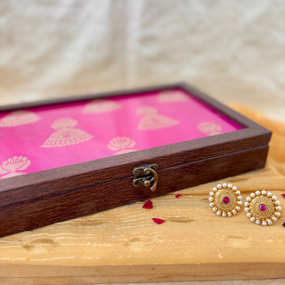 Beautiful pink jewellery box with golden jhumka motif, handcrafted ethnic decor for your home.