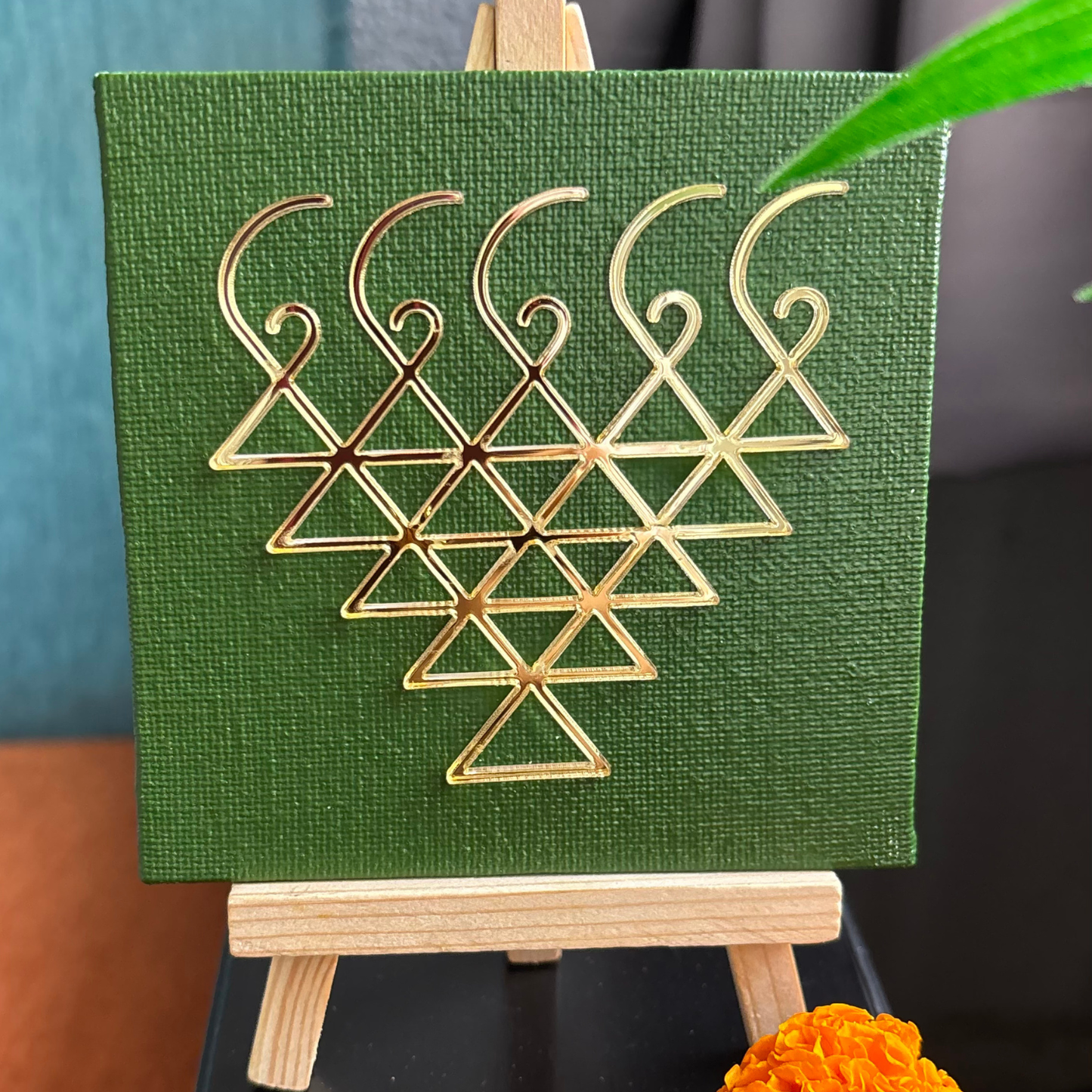 Saraswati Yantra Canvas Olive Green with stand | Perfect for Student Study Room and Office Desk Accessory | House Warming Gift