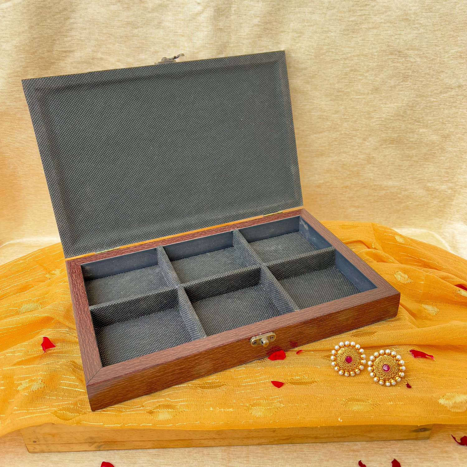 Pink jewelry box with golden motifs, along with 6 compartments, traditional ethnic organizer for vanity and gifting