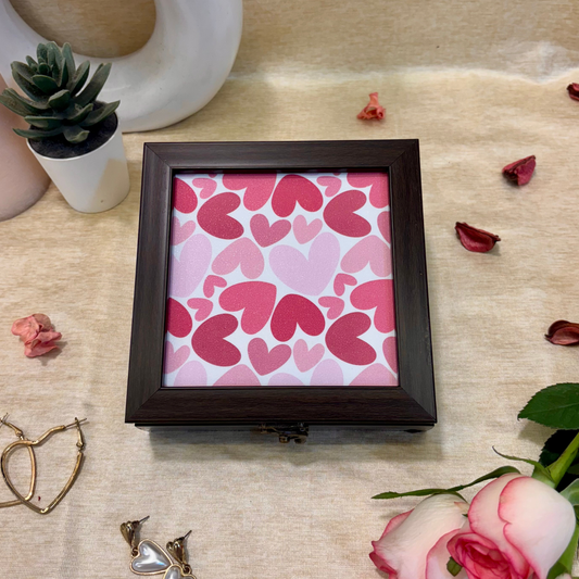 Valentine themed wooden jewellery box with pink heart design
Luxury Valentine jewellery box with heart design for gifting