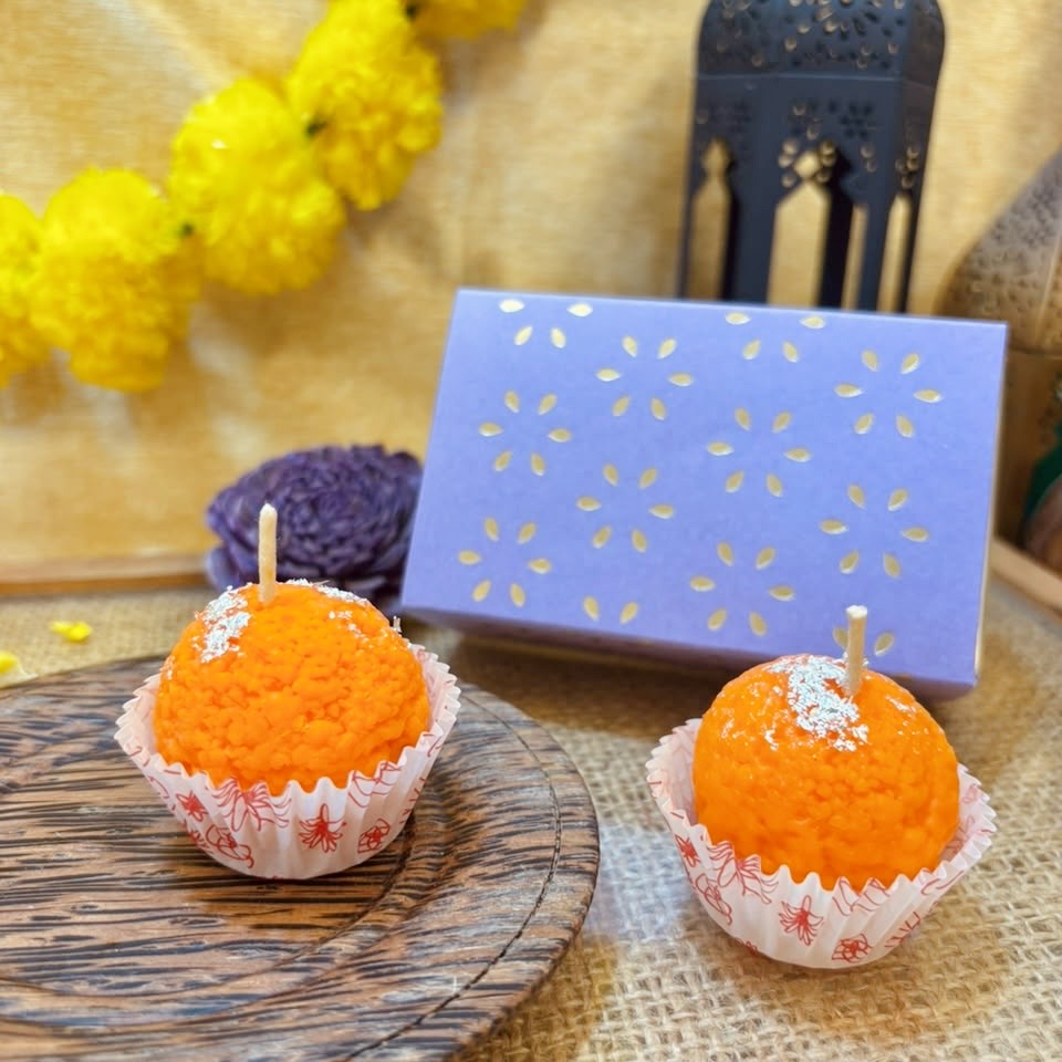 Mithaas Premium Motichoor Ladoo Candle Set of 2 | Decorative Candles | 100% Soy Wax | Perfect Diwali Gift Pack