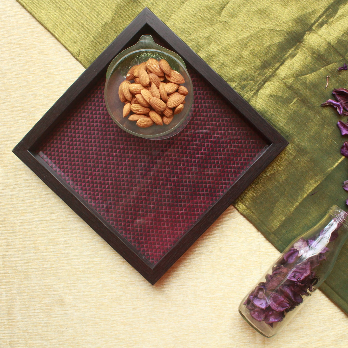 Purple square tray crafted with traditional Khunn fabric, perfect for adding a touch of Maharashtrian heritage to your home decor.