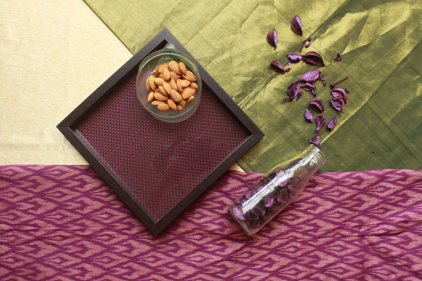 Vibrant purple Khunn fabric tray, square design, ideal for serving, gifting, or elevating your home’s aesthetic with traditional charm.