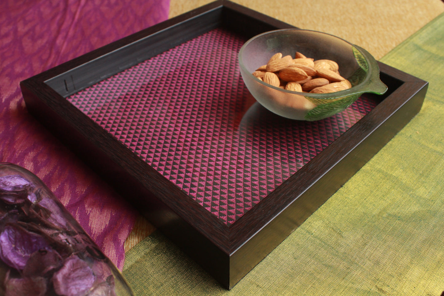 Handcrafted serving tray made from iconic purple Khunn fabric. Perfect for festive occasions or as a decor piece. Buy today and elevate your space