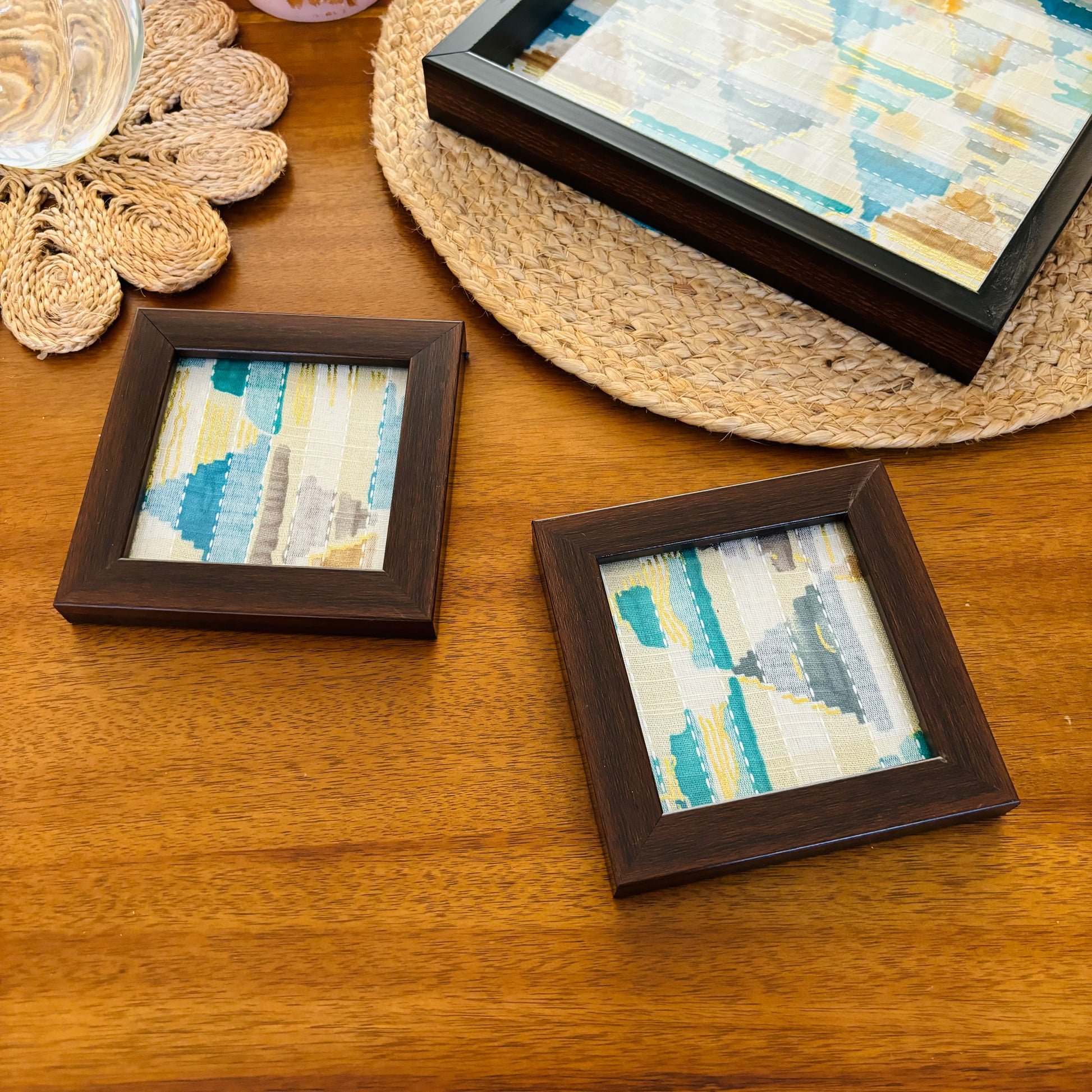 Artistic coasters with ethnic motifs for home decor, excellent for gifting and wedding favors. Blue triangle motif coasters for your dining table