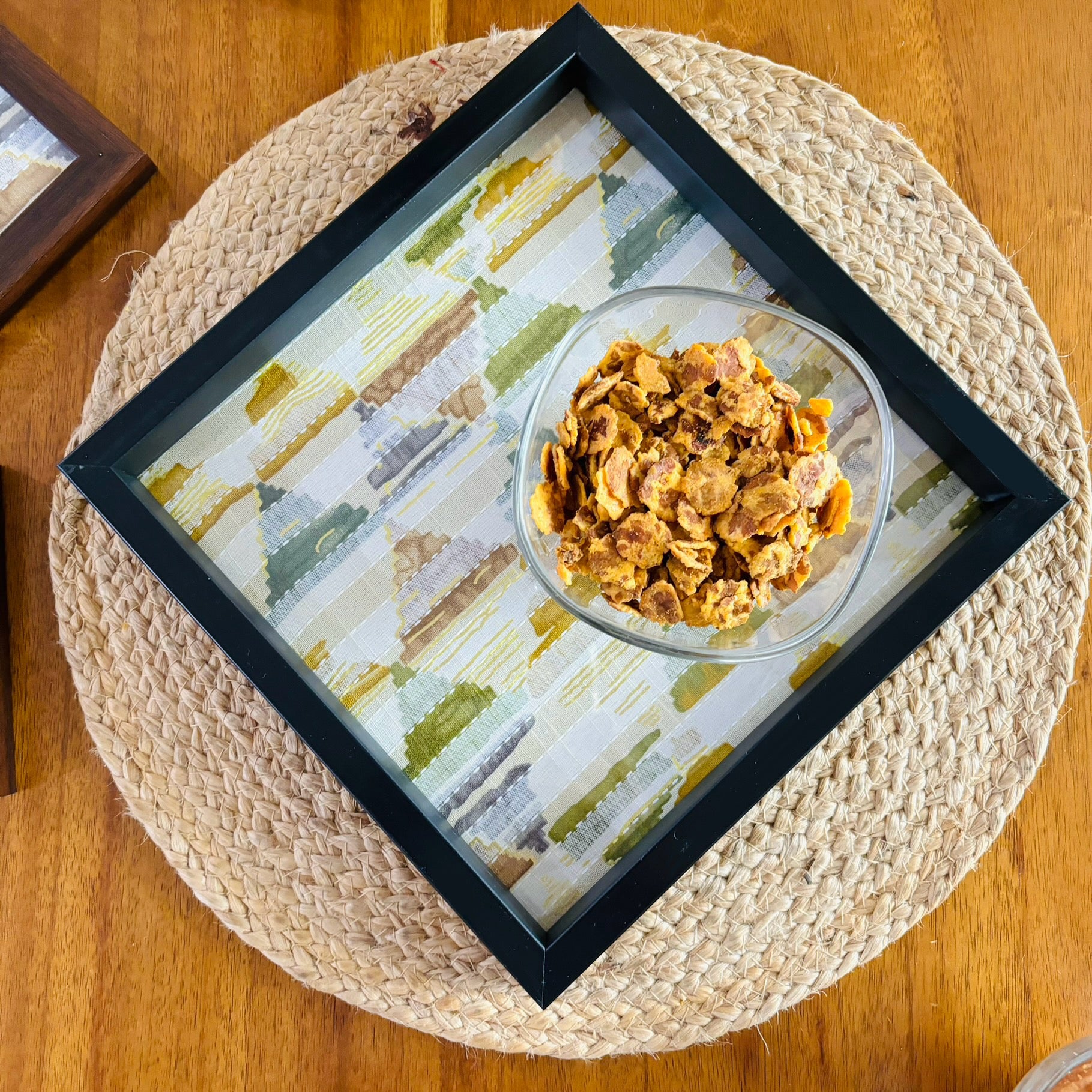 Trikon Tray with Triangle Pattern in Green. Serving Indian snacks in square green tray.