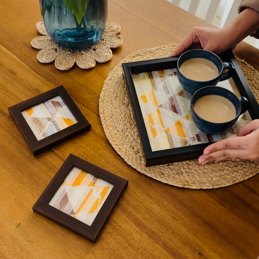 Yellow Trikon Square Tray and Coaster Set