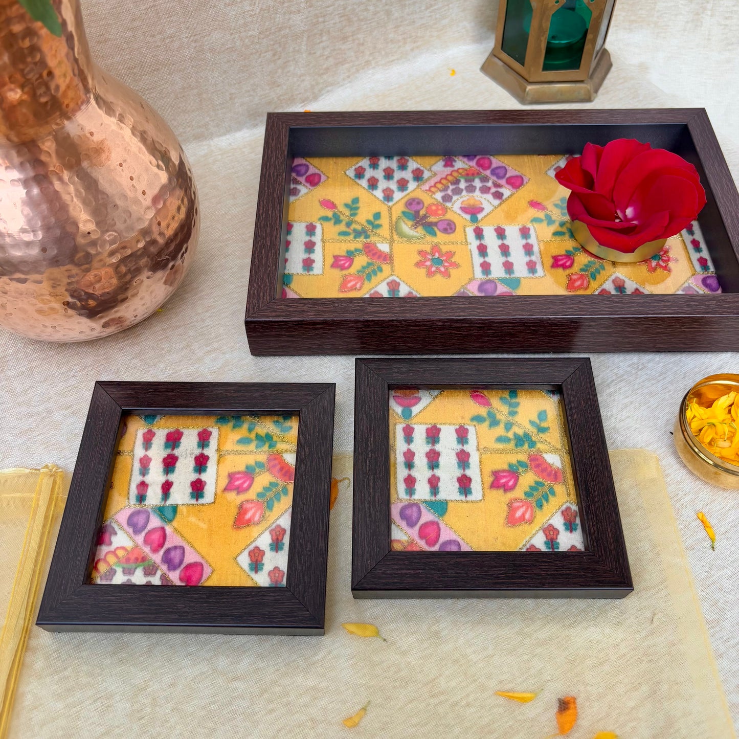tray and coaster set with flower print for serving
elegant floral tray set for hosting guests at home
gulbahar tray and coaster set for Diwali gifting