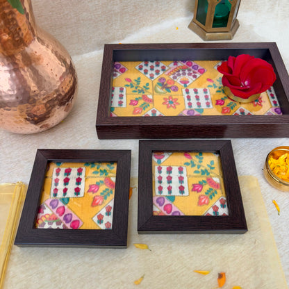 tray and coaster set with flower print for serving
elegant floral tray set for hosting guests at home
gulbahar tray and coaster set for Diwali gifting